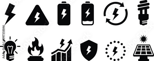 Energy and power icons silhouette set electricity batteries and solar power