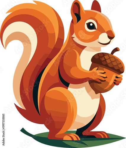 Red squirrel holding a large acorn nut with its paws