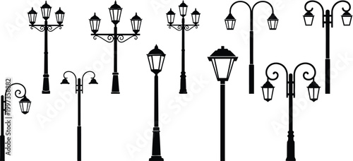 Vintage street lamps silhouette collection a black and white urban scene