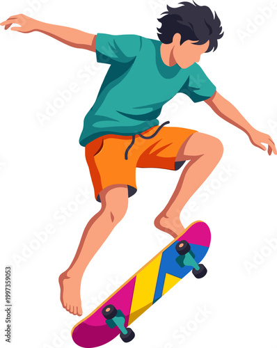 Young skateboarder performing an aerial trick jump on a colorful board