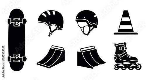 A collection of black and white icons for skateboarding and rollerblading
