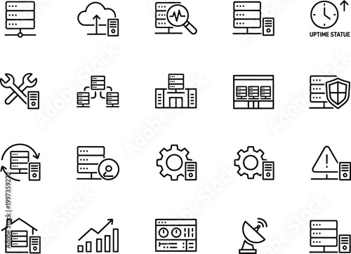 A collection of outline icons representing data center infrastructure cloud hosting and server maintenance management services