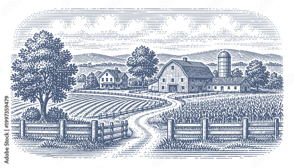 Naklejka premium Vintage farm landscape with barn, silo, farmhouse, and fields in black and white. Woodcut engraving illustration.