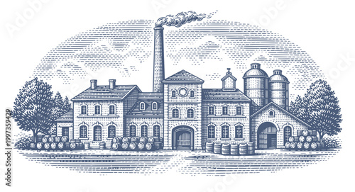Vintage brewery building with smoking chimney and barrels outside. Woodcut engraving illustration.