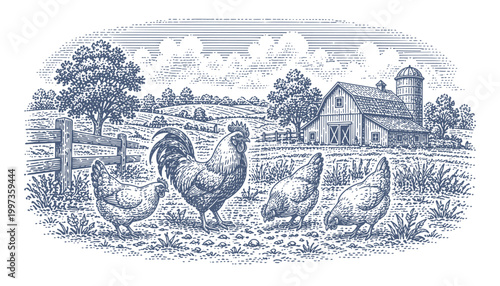 Vintage farm scene with a rooster and hens foraging near a barn and silo. Woodcut engraving illustration.
