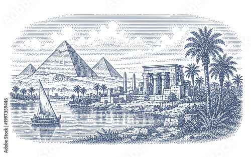 Vintage illustration of ancient Egyptian pyramids and temple with a sailboat on the Nile. Woodcut engraving illustration.