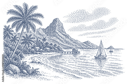 Tropical island paradise with palm trees, sailboats, and mountains in vintage line art. Woodcut engraving illustration.