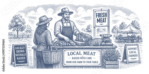 Local butcher selling fresh meat at an outdoor farmers market stall. Woodcut engraving illustration.