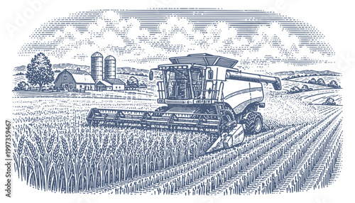 Combine harvester working in a golden wheat field with a farm in the background. Woodcut engraving illustration.