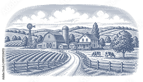 Charming farm landscape with barn, silo, and rolling hills under a cloudy sky. Woodcut engraving illustration.