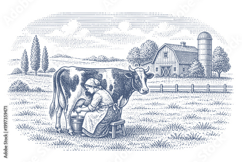 Farm scene illustration of a woman milking a cow by hand in a field. Woodcut engraving illustration.