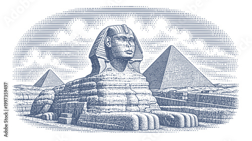Ancient Egyptian Sphinx and pyramids rendered in a classic engraved illustration style. Woodcut engraving illustration. 