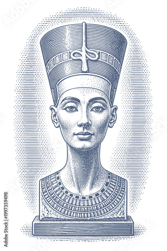 Iconic bust of Queen Nefertiti in a classic engraving style. Woodcut engraving illustration.