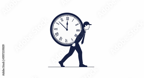 Businessman carrying a huge clock on his back, symbolizing the immense burden of time management, deadlines, and work pressure.