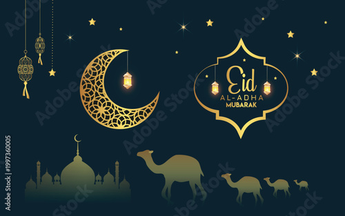 Eid al-Adha Mubarak celebration with lanterns, crescent moon, and mosque silhouette
