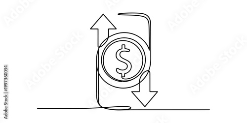 Dollar coin with up and down arrows, continuous line drawing