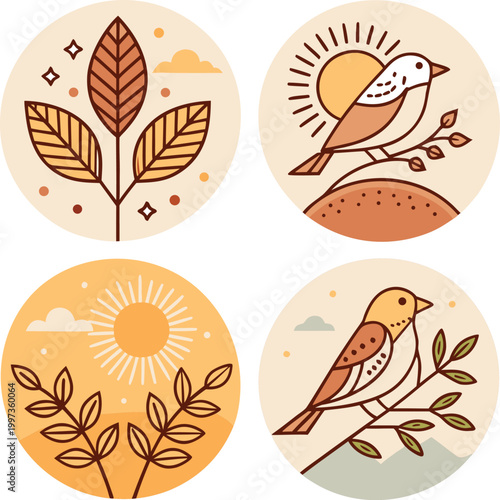 Tableau sur toile Set of four minimalist circular nature icons featuring birds, leaves, and sun elements in a modern line art style with a warm earth-tone palette