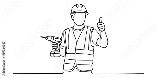 Construction worker holding a drill and giving a thumbs up, single line drawing