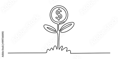 Money plant growing from ground, dollar coin on top, simple line art concept for financial growth and investment