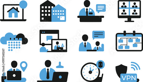 Remote work icons. online meeting, home office, business connection, vector illustration