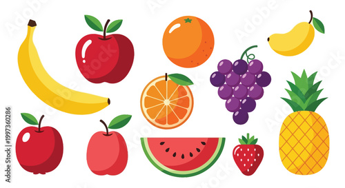 Collection of colorful, flat-style fruit on a white background, banana apple orange mango grapes