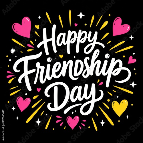 Happy friendship day with glowing hearts and stars on black background.