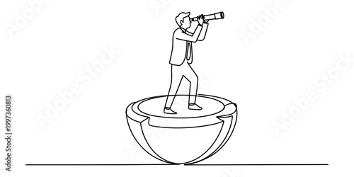 Businessman in suit standing on a globe looking through a telescope for future opportunities
