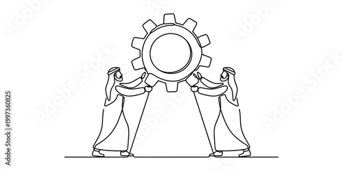 Two arab men in traditional clothing working together to turn a large gear, symbolizing teamwork and collaboration in business or industry.