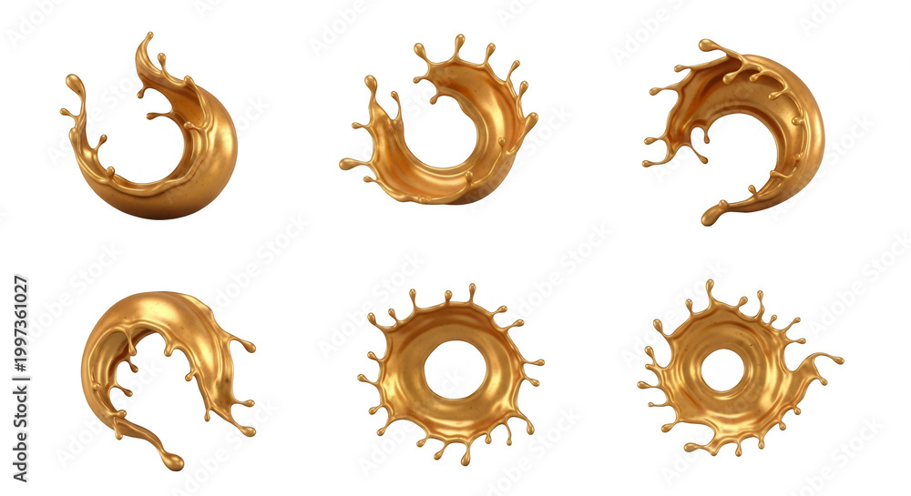 Obraz premium golden liquid splash collection isolated on white various dynamic shapes abstract design and visual effects