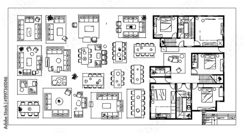 architectural floor plan vector drawings of interior furniture layouts for homes and offices