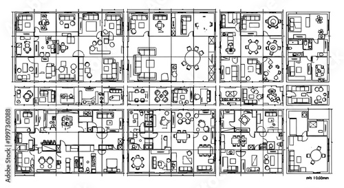 architectural floor plans of apartments with furniture in cad style