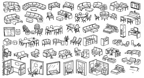 collection of black and white furniture sketches for interior design and floor plans