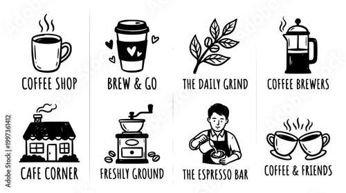 Coffee Shop Icons: Brew, Grind, Friends, Cafe & Espresso Bar