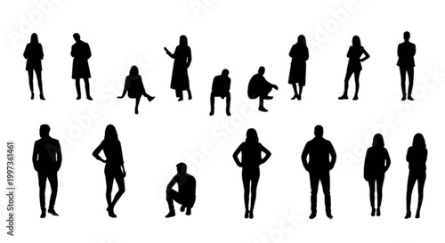 Silhouettes of people in various poses isolated on transparent background, Vector