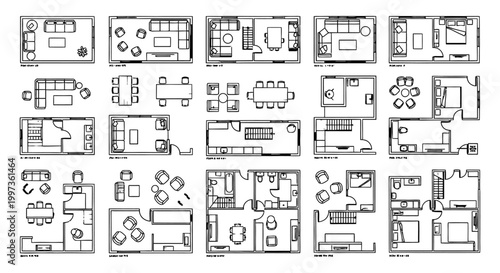 collection of floor plan layouts and furniture arrangements for interior design