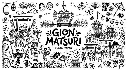 Gion Matsuri Festival Kyoto Japan Doodle Art Celebration