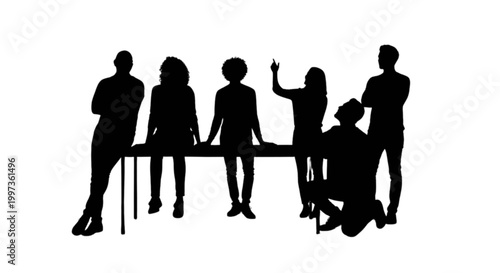 Silhouette group discussing at long table isolated on transparent background, Vector