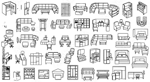 collection of modern furniture and office cubicles in a technical drawing style
