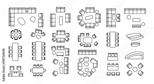 collection of modern furniture arrangements and floor plans in top-down view