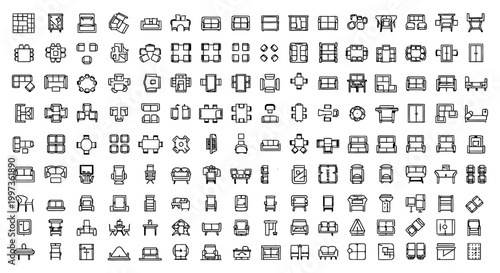 collection of simple line art icons for furniture and interior design top view