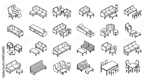 isometric line art furniture set for interior design planning and visualization
