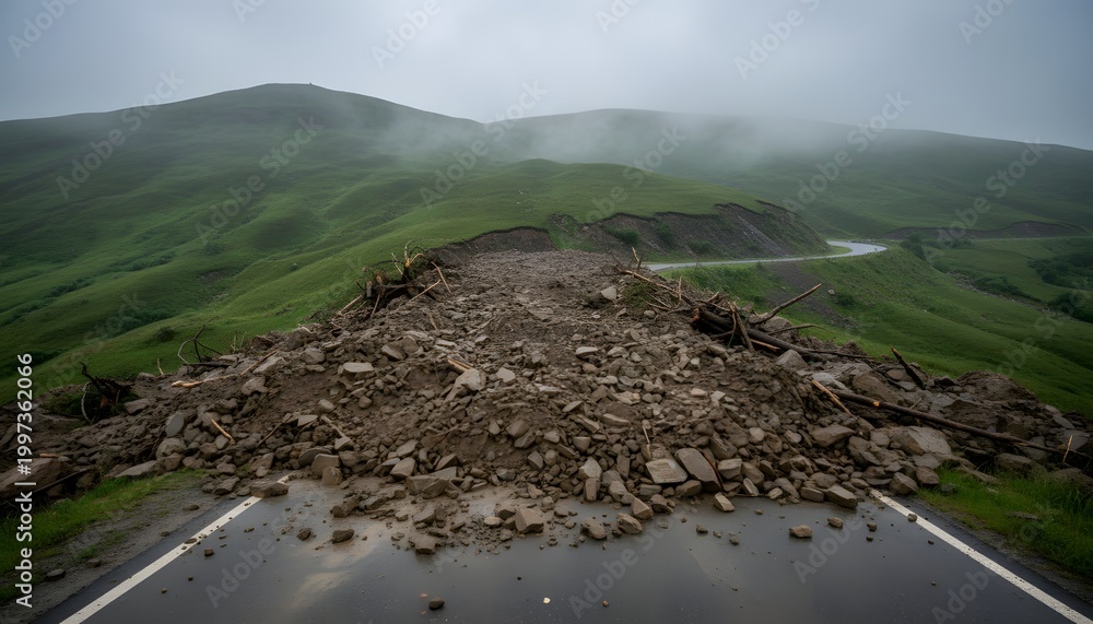 Fototapeta premium Massive mudslide on hillside road blocking traffic in green mountains during rainy weather for natural disaster and infrastructure damage concept