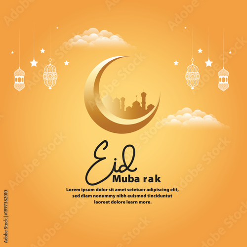 Eid al-Adha Mubarak celebration with lanterns, crescent moon, and mosque silhouette
