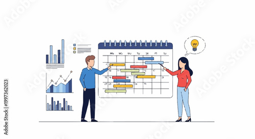 Professional team members collaborating on a project schedule by using a large calendar to organize their tasks and workflow efficiently