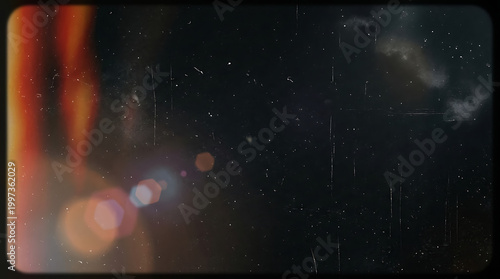 Vintage film dust and scratches with cinematic lens flare effect and film grain texture for retro background and graphic design