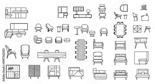 modern furniture collection in black and white vector line art for interior design