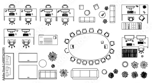 overhead view of office floor plan with furniture and workstations interior design