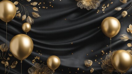 Birthday party background with luxurious gold balloons and elegant black decoration, premium festive celebration backdrop for anniversary, birthday invitation, greeting card, party banner, event promo