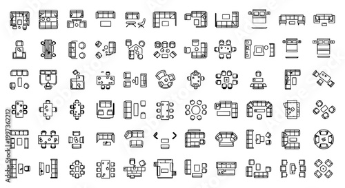 overhead view of various furniture arrangements and floor plans for interior design top-down