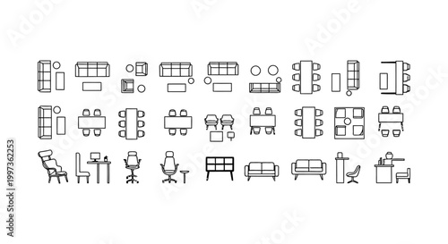 overhead view of various modern office and dining furniture arranged in rows on a white background